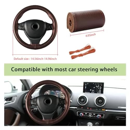 Kewucn Genuine Leather Steering Wheel Cover 15" | Breathable, Anti-Slip DIY Stitch (Coffee, Full Hole) thumbnail 2