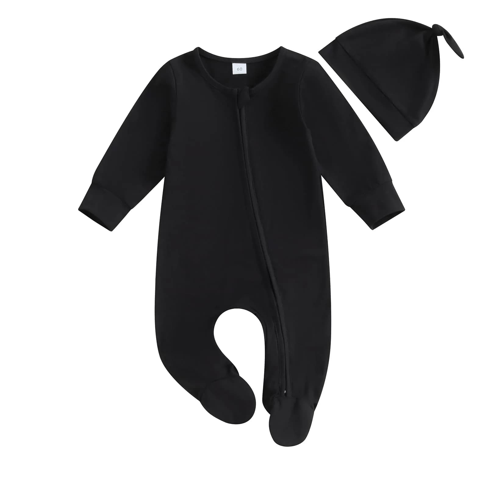 Ayalinggo Newborn Baby Girl Boy Clothes Infant Long Sleeve Solid Footed Romper with Hat 0-3 Months | Fall Outfit Black