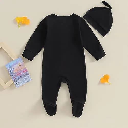 Ayalinggo Newborn Baby Girl Boy Clothes Infant Long Sleeve Solid Footed Romper with Hat 0-3 Months | Fall Outfit Black thumbnail 5