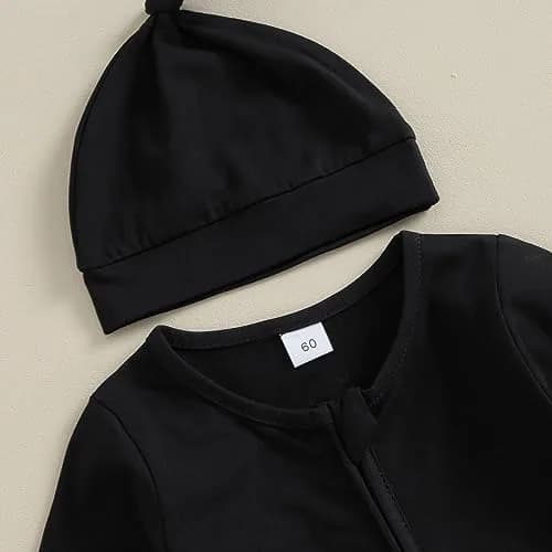 Ayalinggo Newborn Baby Girl Boy Clothes Infant Long Sleeve Solid Footed Romper with Hat 0-3 Months | Fall Outfit Black thumbnail 2