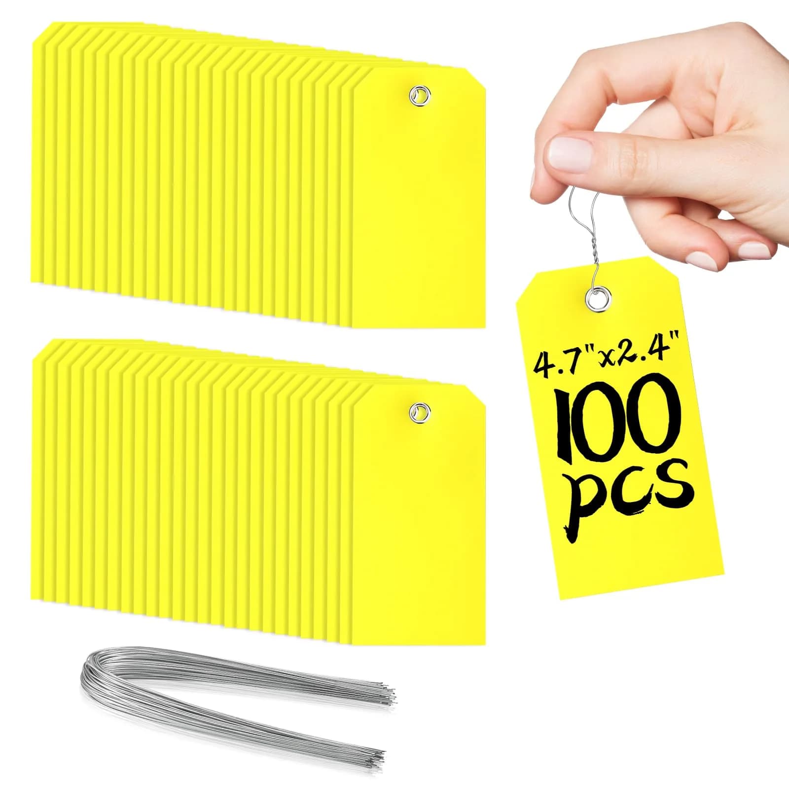 XUWAIDSGN 100Pcs Yellow Plastic Shipping Tags 4 3/4" x 2 3/8" Writable Waterproof Durable - main product image