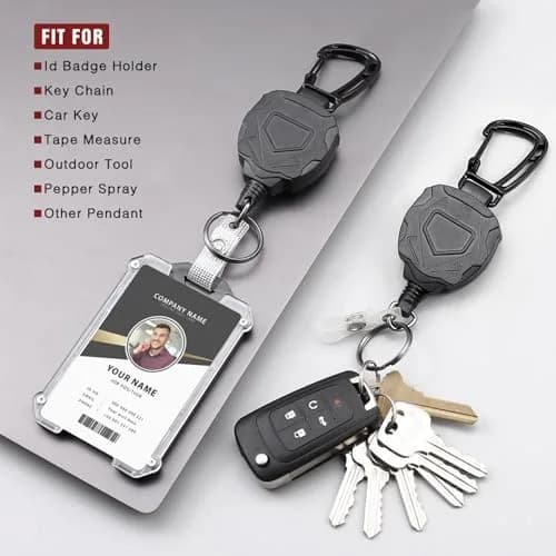 COOKOOKY Heavy Duty Retractable Badge Holder Clip with Carabiner & Lanyard, 2-Pack Black | Strong Stainless Steel Cord thumbnail 7