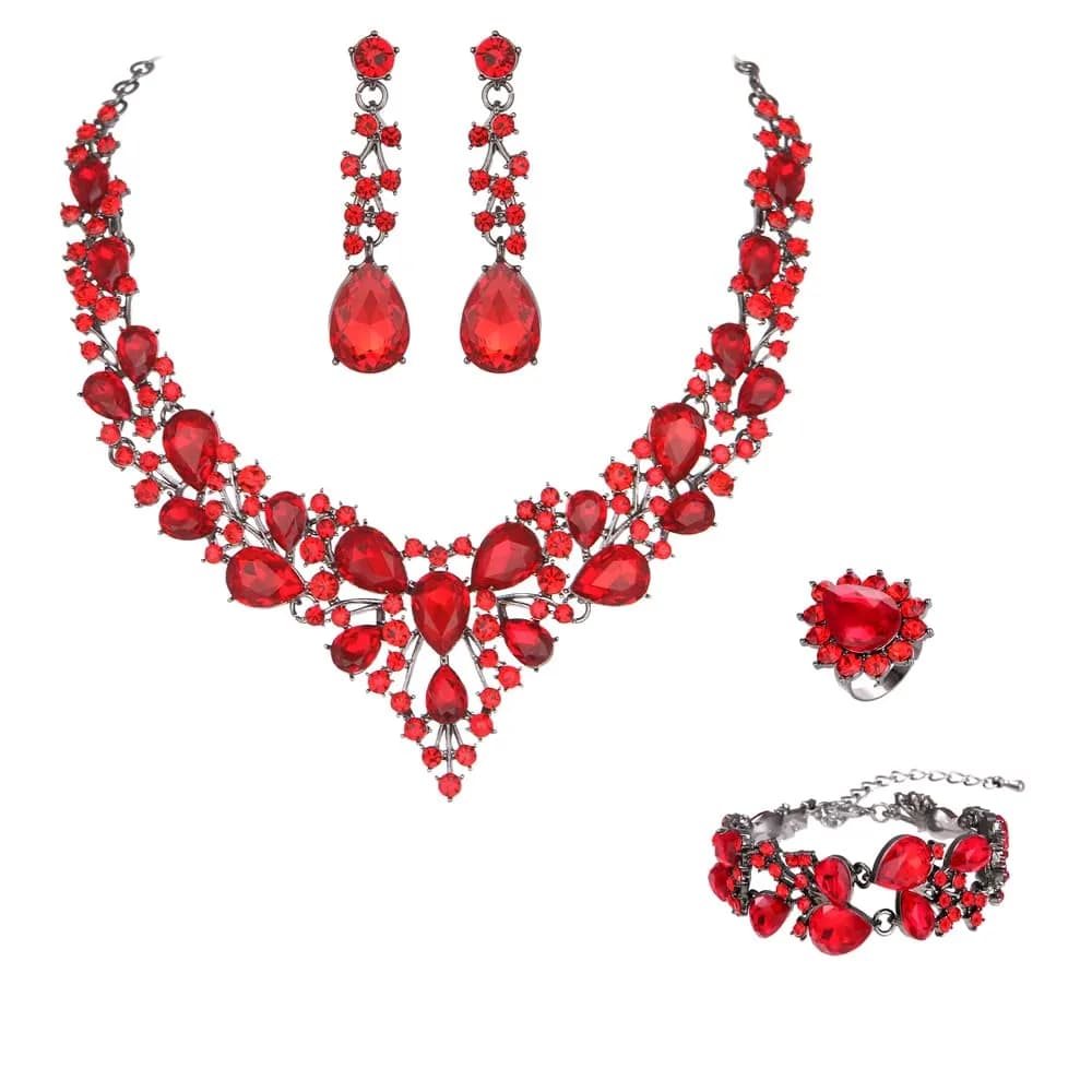 Molie Bridal Austrian Crystal Necklace and Earrings Jewelry Set 4Pcs/Set-Red-Black tone | Wedding Gift