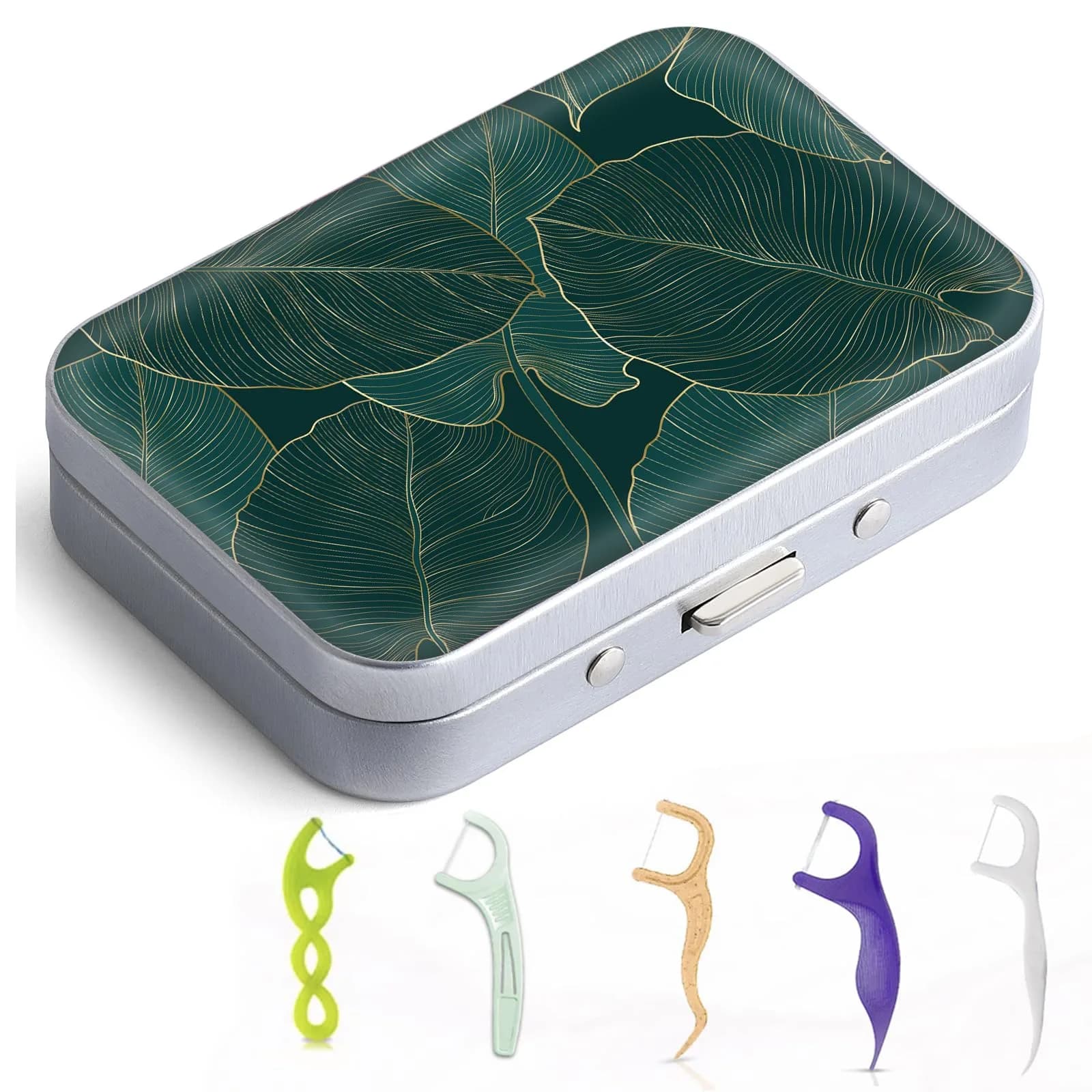 Gerkia Dental Floss Portable Case, Easy to Store Floss Picks of Various Sizes, Portable Dental Floss Dispenser is Perfect for Travelling, Hotels, Dinners, Appointments.Emerald Green Leaf | Compact Travel Organizer — Emerald Green Leaf