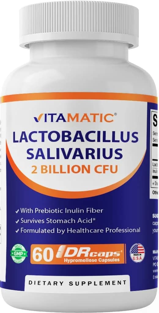 Vitamatic Lactobacillus Salivarius 2 Billion per Capsule | Digestive Support with Prebiotic Fiber (60 Count)