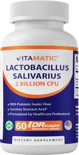 Vitamatic Lactobacillus Salivarius 2 Billion per Capsule | Digestive Support with Prebiotic Fiber (60 Count) thumbnail 1