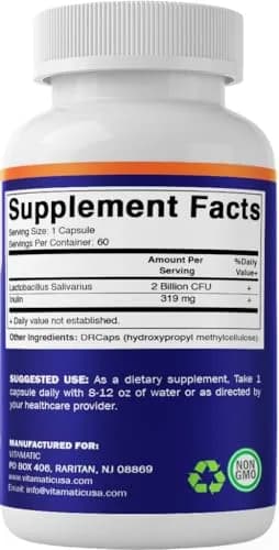 Vitamatic Lactobacillus Salivarius 2 Billion per Capsule | Digestive Support with Prebiotic Fiber (60 Count) thumbnail 8