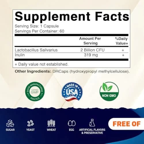 Vitamatic Lactobacillus Salivarius 2 Billion per Capsule | Digestive Support with Prebiotic Fiber (60 Count) thumbnail 2