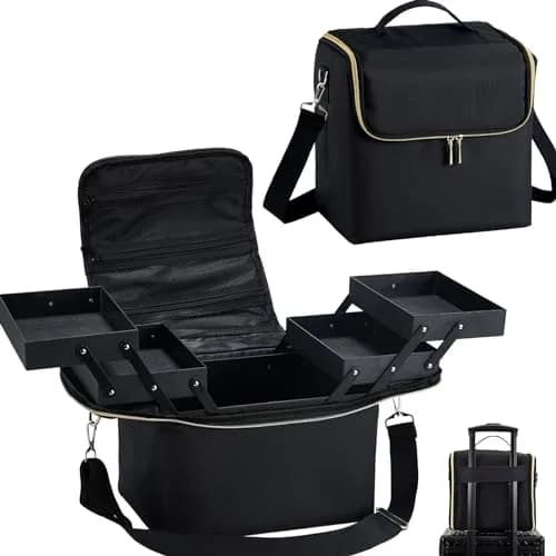 Yueieoun Large Travel Makeup Train Case, 4 Tier Cosmetic Organizer, Black | Professional Makeup & Nail Art Storage thumbnail 1