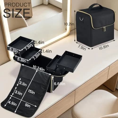 Yueieoun Large Travel Makeup Train Case, 4 Tier Cosmetic Organizer, Black | Professional Makeup & Nail Art Storage thumbnail 6