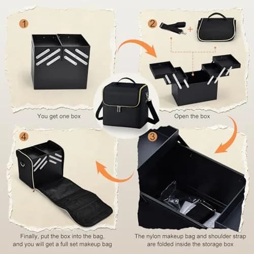 Yueieoun Large Travel Makeup Train Case, 4 Tier Cosmetic Organizer, Black | Professional Makeup & Nail Art Storage thumbnail 7