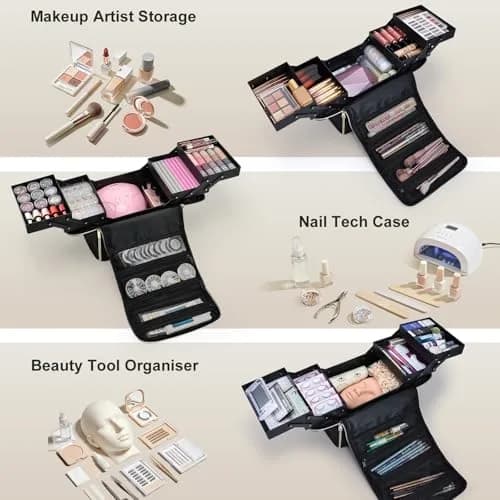 Yueieoun Large Travel Makeup Train Case, 4 Tier Cosmetic Organizer, Black | Professional Makeup & Nail Art Storage thumbnail 2