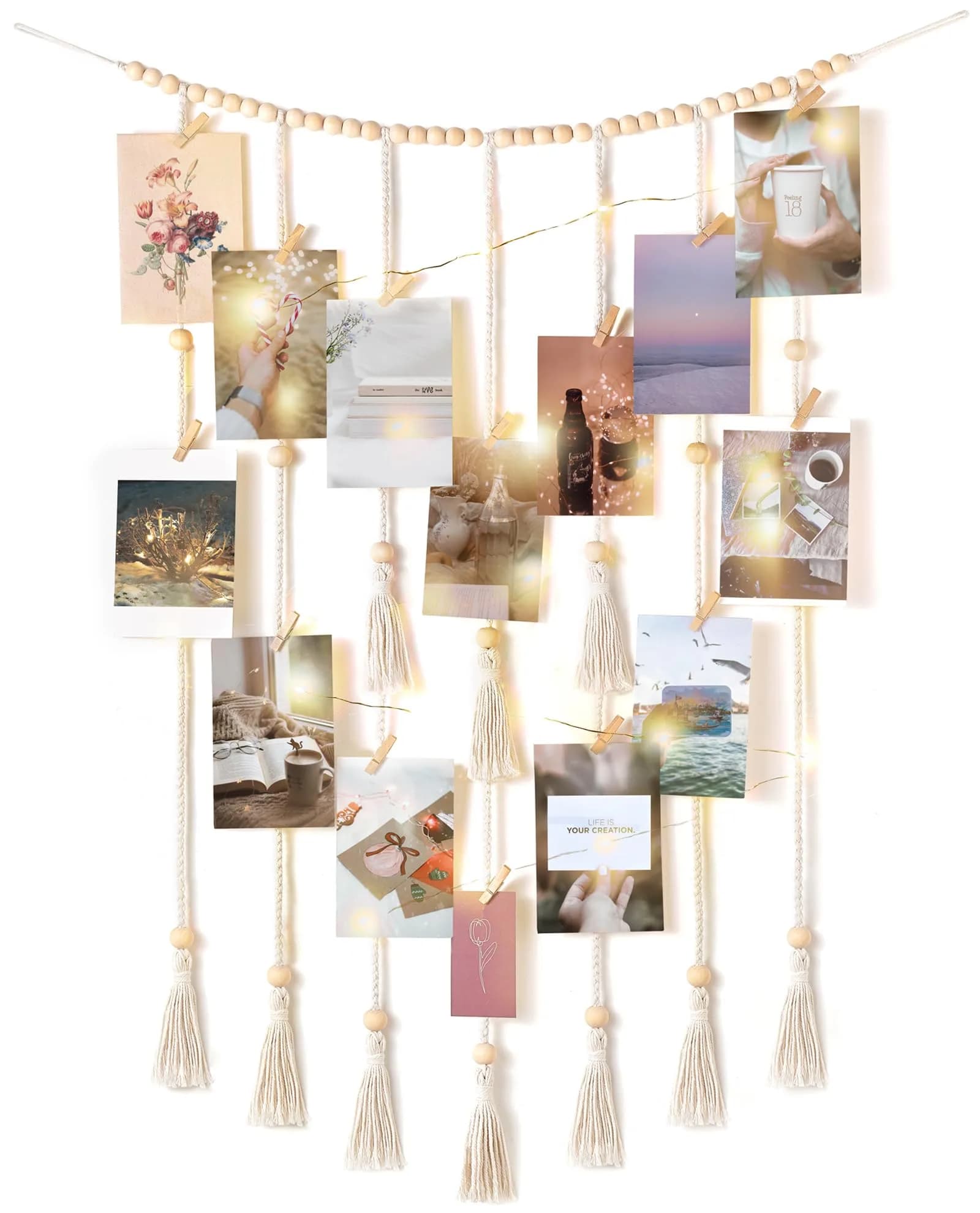 Mkono Hanging Photo Display, Boho Decor with String Lights, 30 Wood Clips | Bohemian Wall Art for Bedroom & Living Room — Beige