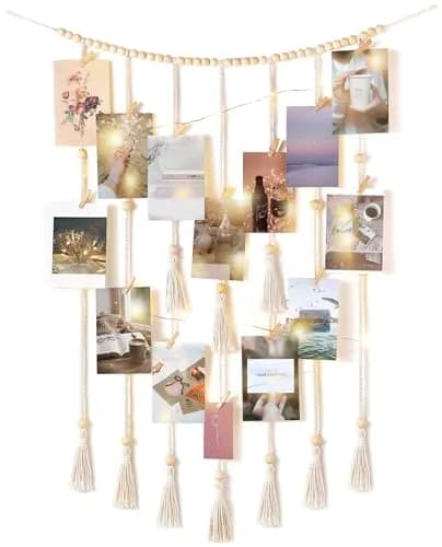 Mkono Hanging Photo Display, Boho Decor with String Lights, 30 Wood Clips | Bohemian Wall Art for Bedroom & Living Room thumbnail 1