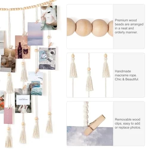 Mkono Hanging Photo Display, Boho Decor with String Lights, 30 Wood Clips | Bohemian Wall Art for Bedroom & Living Room thumbnail 5