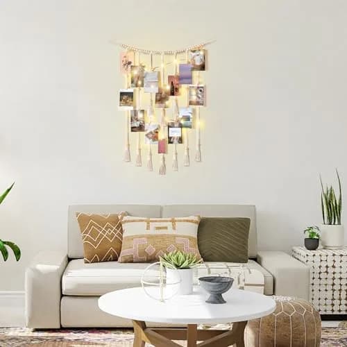 Mkono Hanging Photo Display, Boho Decor with String Lights, 30 Wood Clips | Bohemian Wall Art for Bedroom & Living Room thumbnail 2