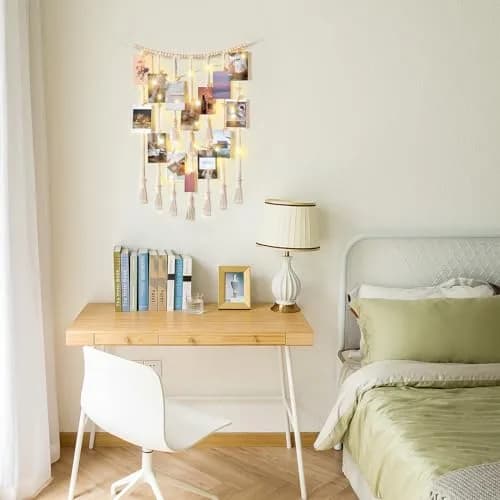 Mkono Hanging Photo Display, Boho Decor with String Lights, 30 Wood Clips | Bohemian Wall Art for Bedroom & Living Room thumbnail 3