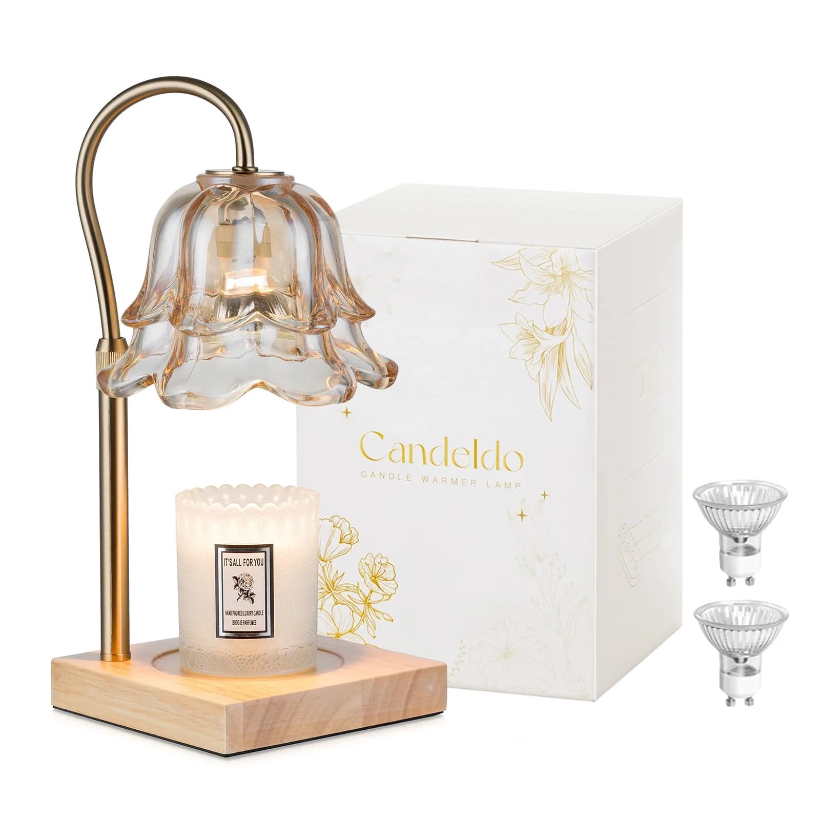 Candeldo Gold Flower Glass Candle Warmer Lamp with Timer & Dimmer | 15.2 cm (6 in) Height, 50W Halogen Bulb - main product image