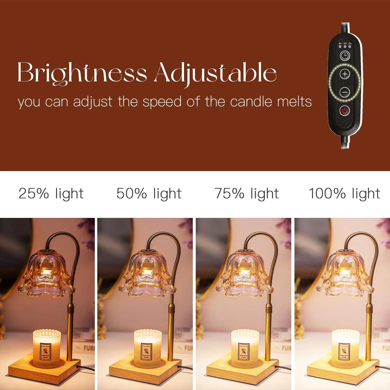 Candeldo Gold Flower Glass Candle Warmer Lamp with Timer & Dimmer | 15.2 cm (6 in) Height, 50W Halogen Bulb - view 4