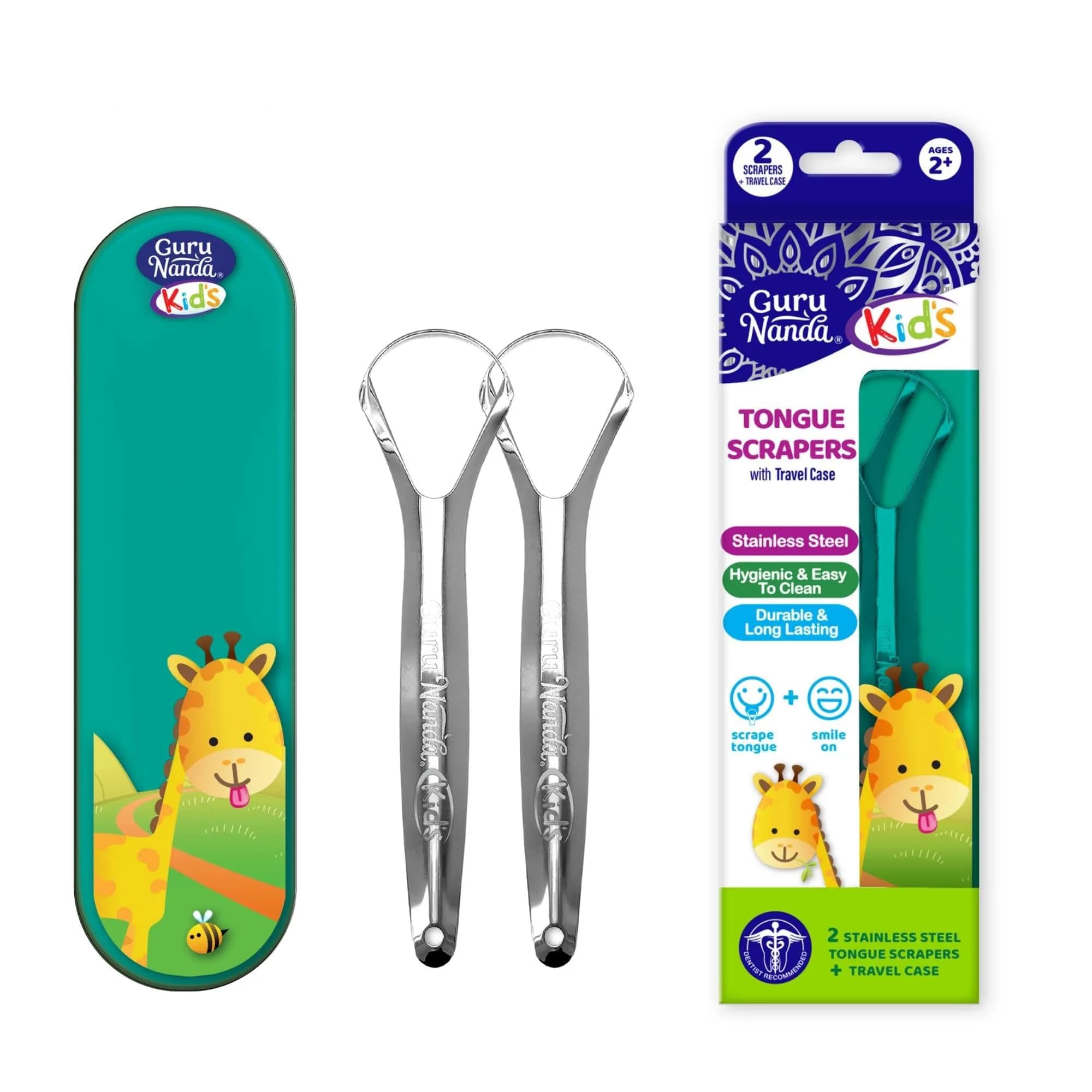 GuruNanda Kids Tongue Scraper 2-Pack | Stainless Steel, Travel Case, Kid-Friendly Design — Kids Spoon Shaped
