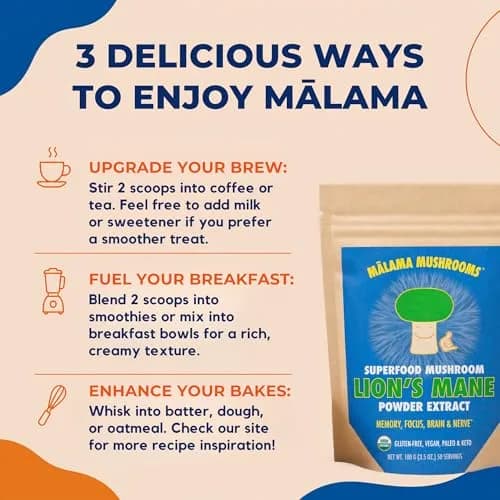Malama Organic Lions Mane Mushroom Extract Powder, 3.5 oz | Supports Memory & Focus thumbnail 5