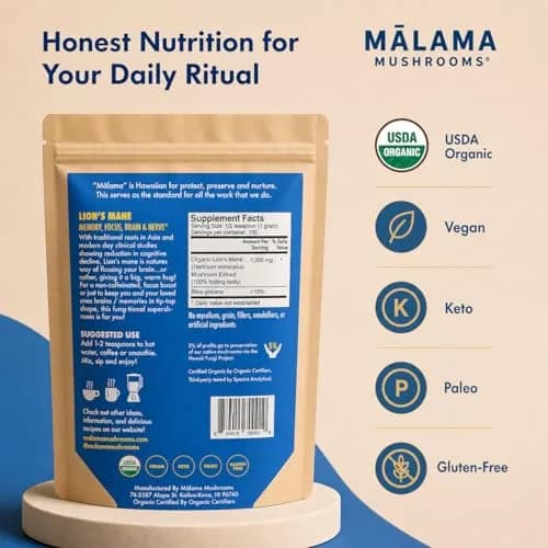 Malama Organic Lions Mane Mushroom Extract Powder, 3.5 oz | Supports Memory & Focus thumbnail 2