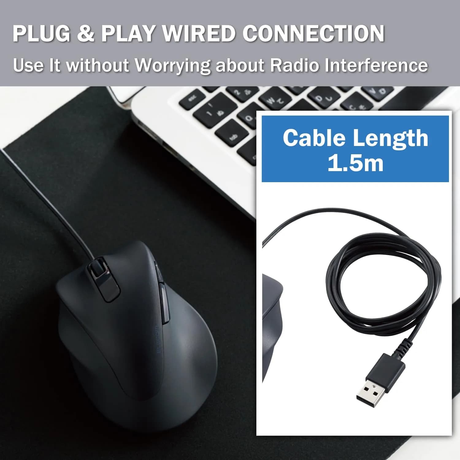 ELECOM EX-G Left Hand Wired USB Ergonomic Mouse, Silent Click, 2000DPI, 5 Buttons, BlueLED Sensor, M-XGM31UBSKBK - view 9