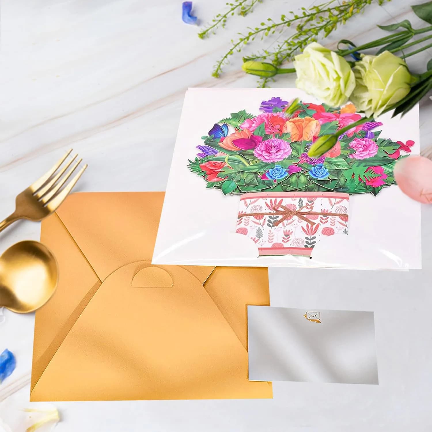 ROBBEAR Rose Carnation Bouquet Pop Up Card, 3D Flower Greeting Card with Envelope (8.7" x 7.1") | Handmade Laser-Cut Paper Art - view 3