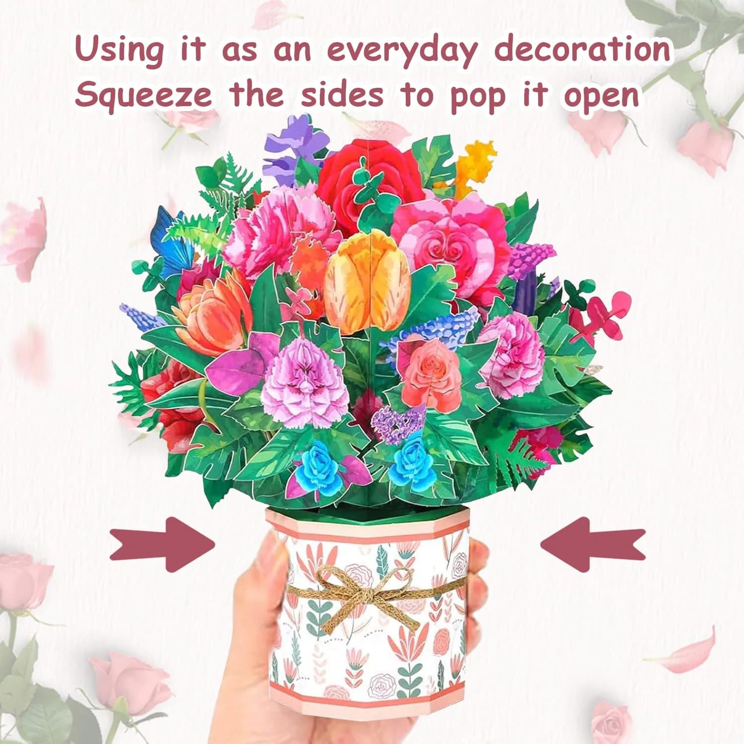 ROBBEAR Rose Carnation Bouquet Pop Up Card, 3D Flower Greeting Card with Envelope (8.7" x 7.1") | Handmade Laser-Cut Paper Art - view 4