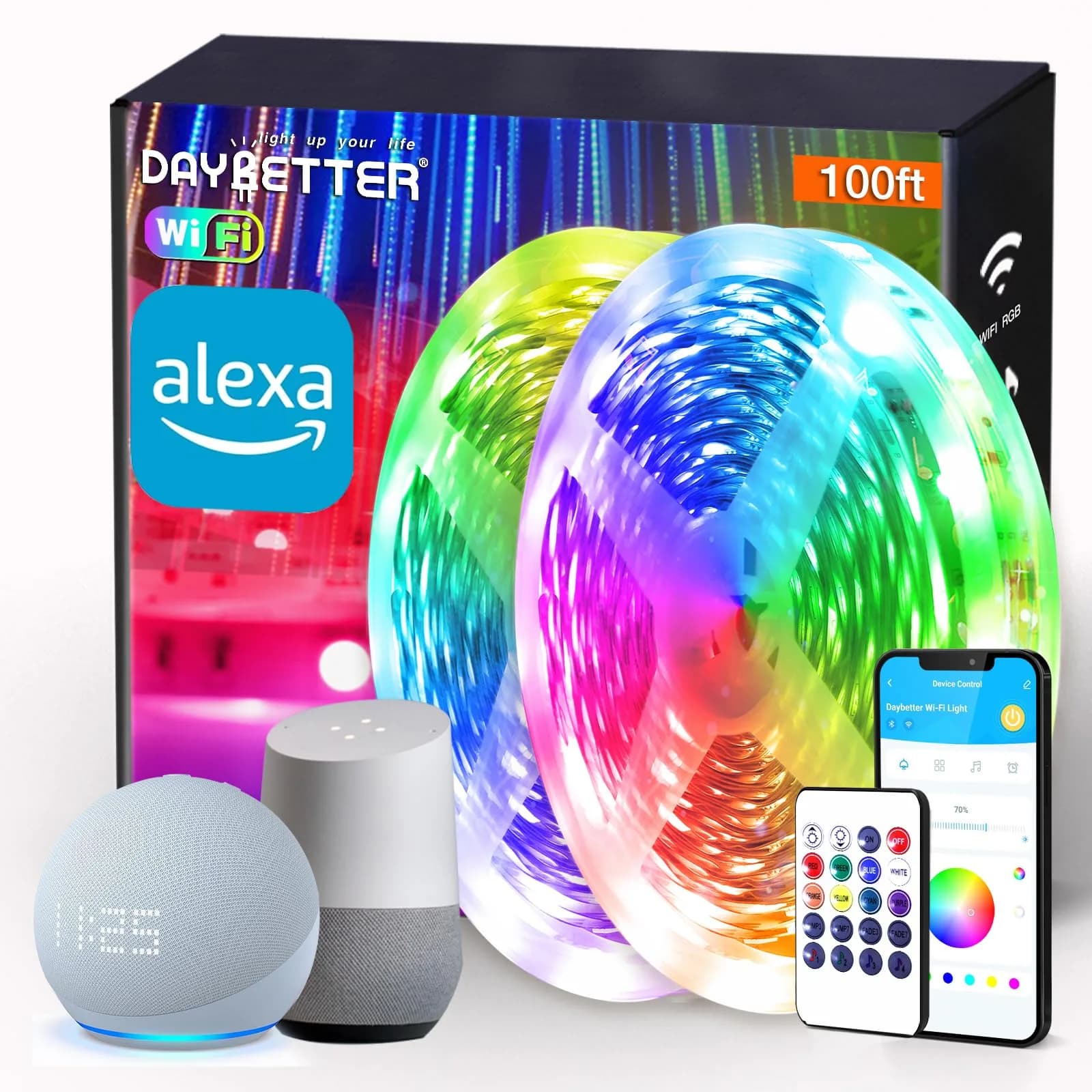 DAYBETTER Smart WiFi LED Strip Lights 100ft (30.48m) | Voice Control with Alexa & Google Assistant — 100FT