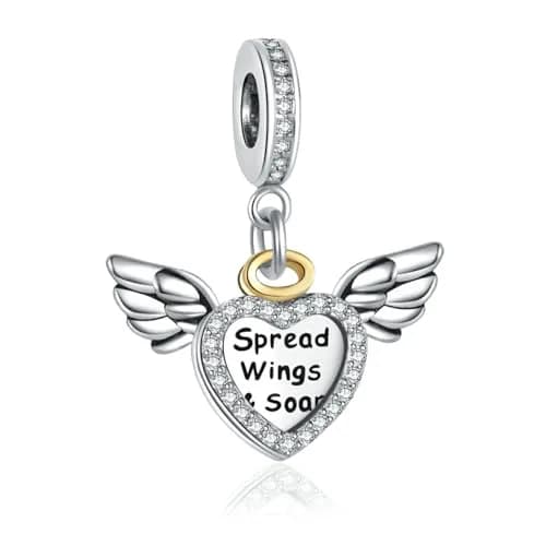 NARTGO Spread Wings and Soar Angel Heart Charm with Lobster Clasp, Silver Plated Copper, 4.5mm-5.0mm Hole Diameter | Compatible with Pandora Bracelets thumbnail 1