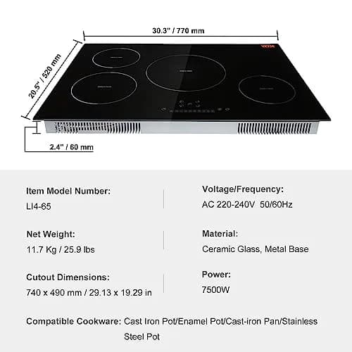 VEVOR Electric Cooktop 30'' 4 Burners | 7500W Induction Stove with Touch Control & Child Lock thumbnail 7