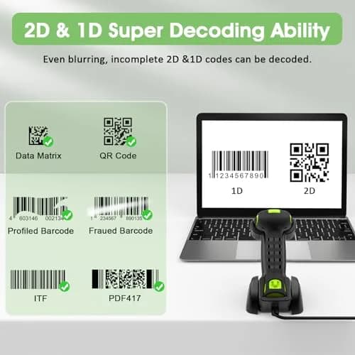 Symcode Bluetooth 2D QR Barcode Scanner with Stand | Waterproof & Dustproof, 30H Battery, Wireless & Wired Connectivity thumbnail 2