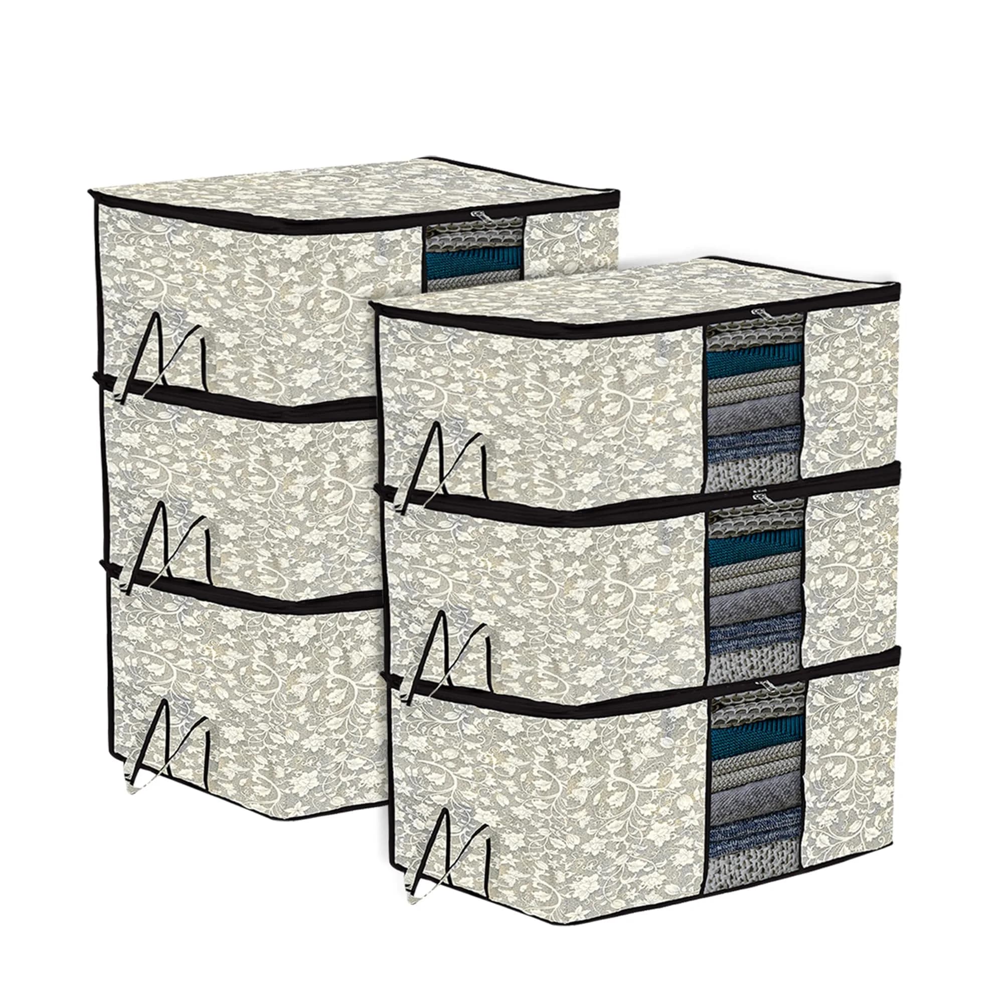 Kuber Industries Underbed Storage Bag Pack of 6 | 64cm x 48cm x 32cm | Flower-Design Black