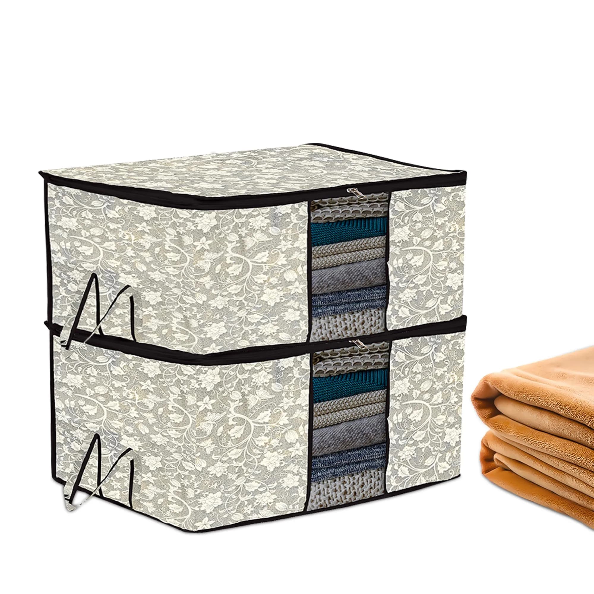 Kuber Industries Underbed Storage Bag Pack of 2 | 64cm x 48cm x 32cm | Flower-Design Black - main product image