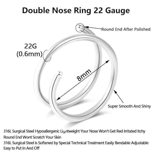 Fzroezz Double Nose Ring Hoop 8mm (0.31" Inner Diameter) | Surgical Steel Piercing Jewelry for Single Piercing thumbnail 2