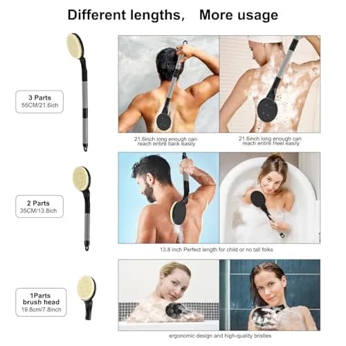 BTideas Detachable Back Bath Brush with Long Handle for Shower, 55cm (21.7") Black | Exfoliates & Cleans Hard-to-Reach Areas thumbnail 6