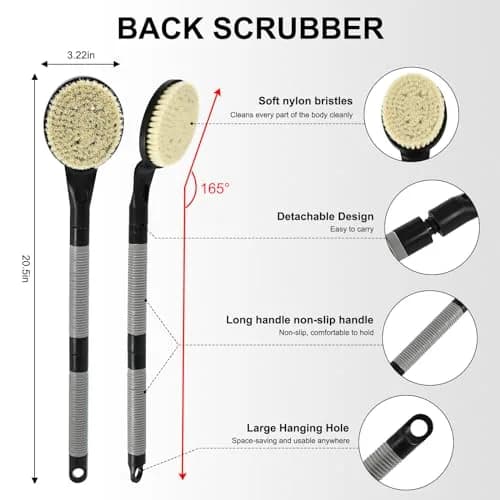 BTideas Detachable Back Bath Brush with Long Handle for Shower, 55cm (21.7") Black | Exfoliates & Cleans Hard-to-Reach Areas thumbnail 2