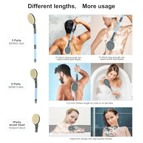 BTideas Detachable Back Bath Brush 55cm (21.7”) Grey | Long Handle for Shower Exfoliation & Limited Mobility thumbnail 6