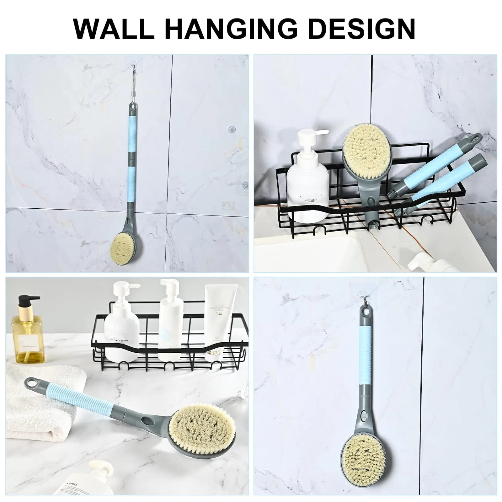 BTideas Detachable Back Bath Brush 55cm (21.7”) Grey | Long Handle for Shower Exfoliation & Limited Mobility - view 7
