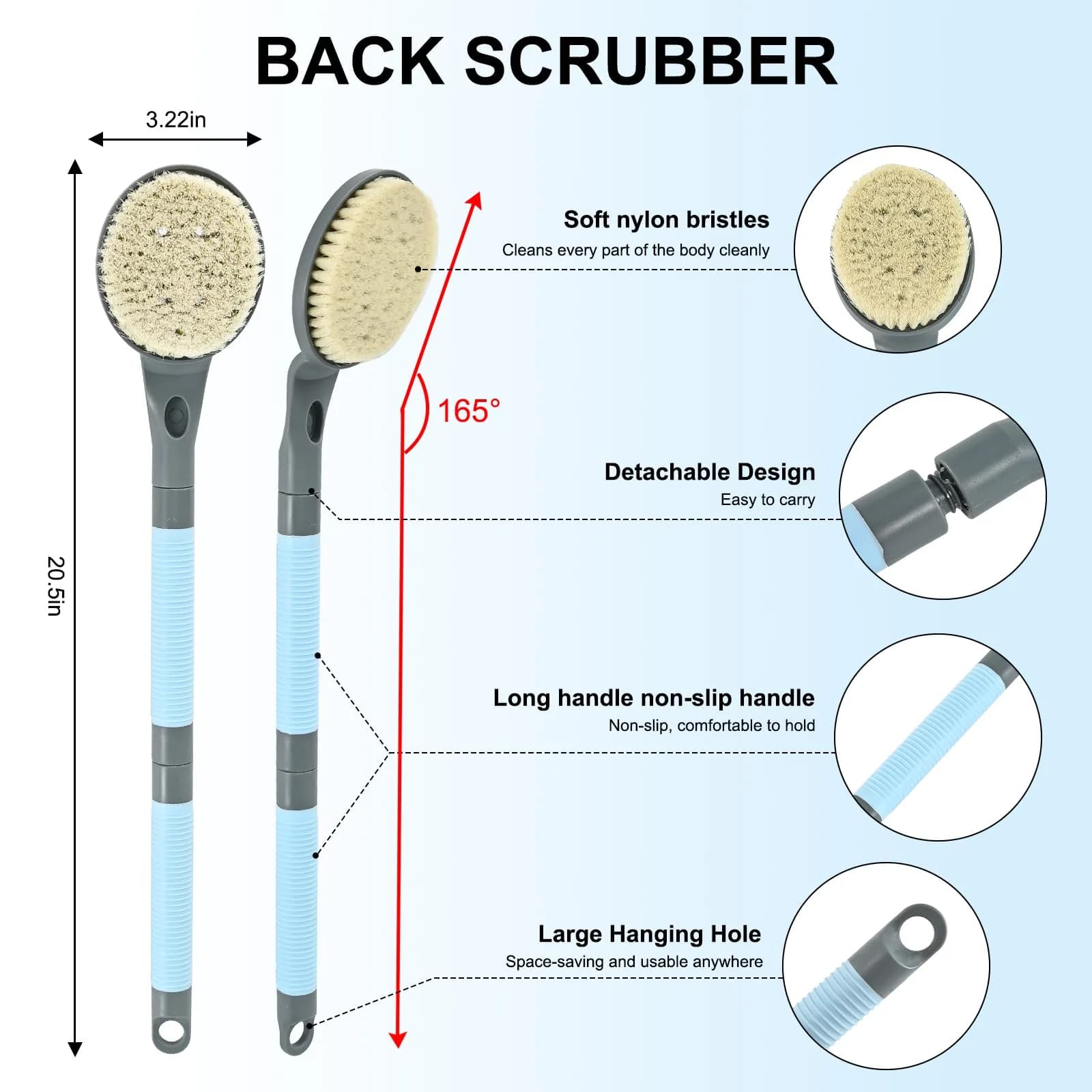 BTideas Detachable Back Bath Brush 55cm (21.7”) Grey | Long Handle for Shower Exfoliation & Limited Mobility - view 2