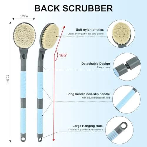 BTideas Detachable Back Bath Brush 55cm (21.7”) Grey | Long Handle for Shower Exfoliation & Limited Mobility thumbnail 2