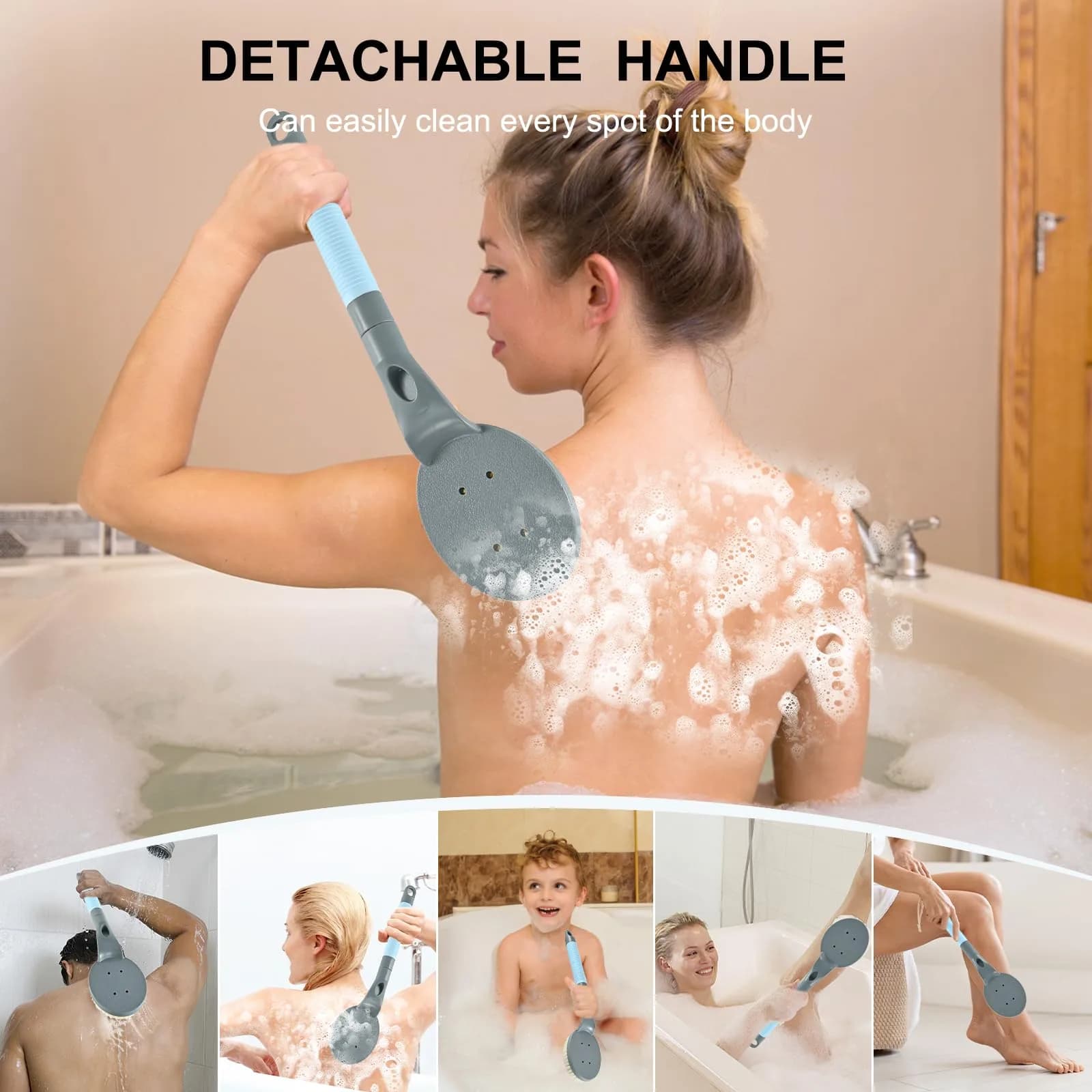 BTideas Detachable Back Bath Brush 55cm (21.7”) Grey | Long Handle for Shower Exfoliation & Limited Mobility - view 3