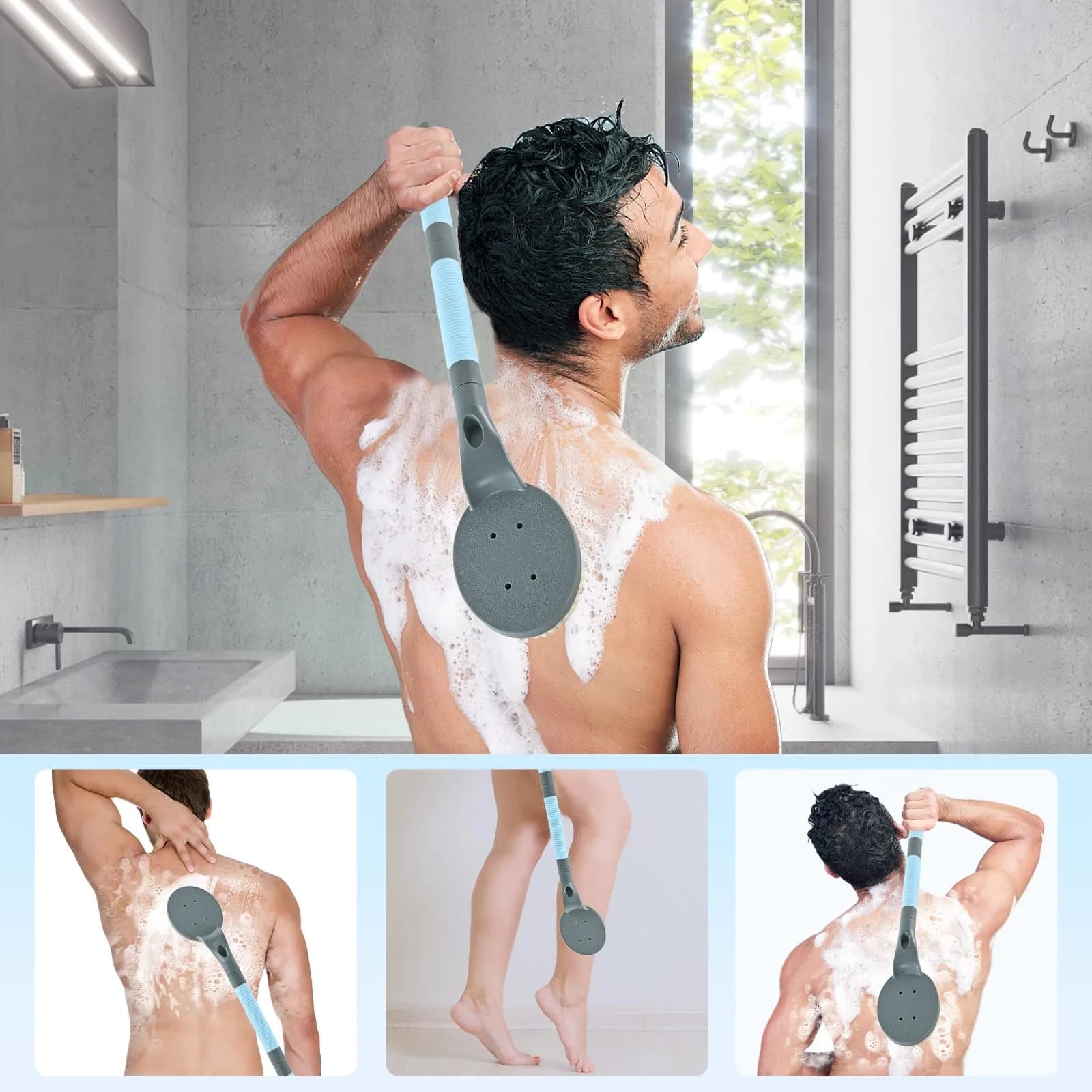 BTideas Detachable Back Bath Brush 55cm (21.7”) Grey | Long Handle for Shower Exfoliation & Limited Mobility - view 4