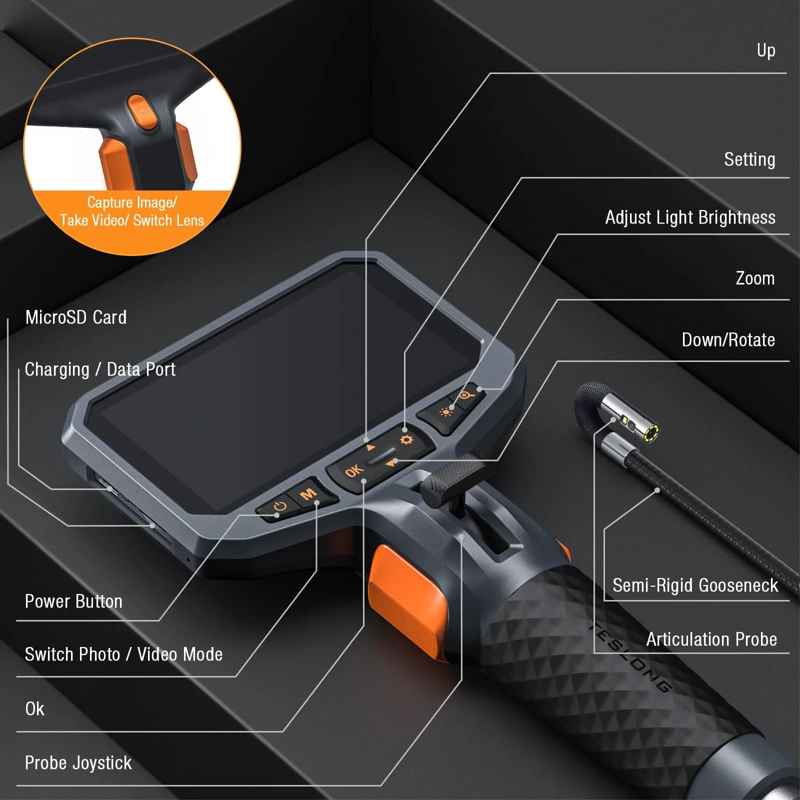 Teslong Articulating Borescope Dual Lens Endoscope 1.5m (5ft) | 4.5-inch IPS Screen, 1MP HD, 32GB Card - view 8