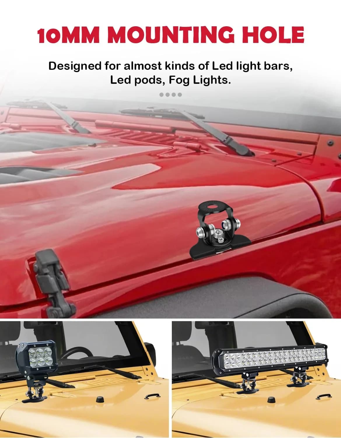 NORTHYUN Black LED Hood Mounts (2-Pack) | Universal Stainless Steel Clamp Lights for Trucks, SUVs, Vans - view 3