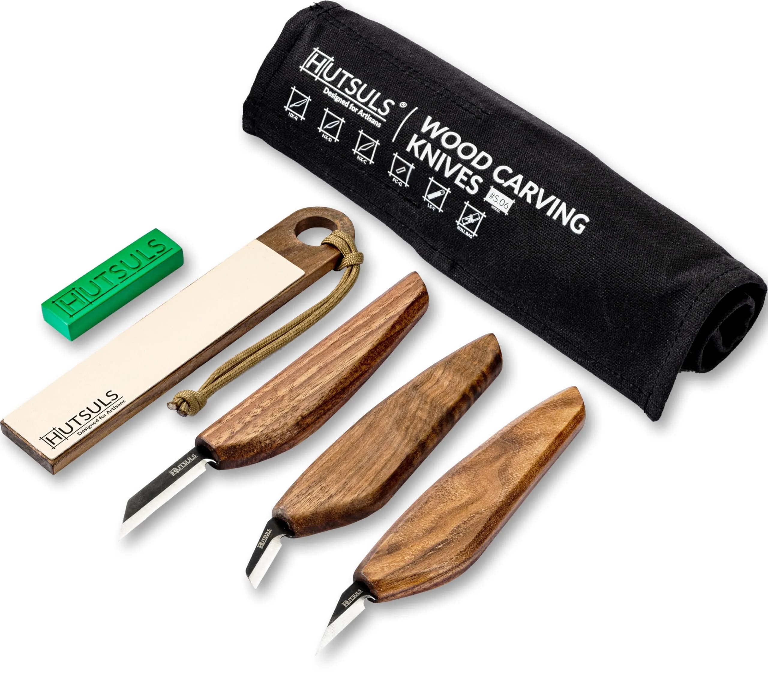 Hutsuls S.06 Wood Carving Knives Kit - Complete Beginners Whittling Set, Precision Japanese SK2 Blades, Ergonomic Walnut Handles, Leather Strop & Canvas Bag — walnut