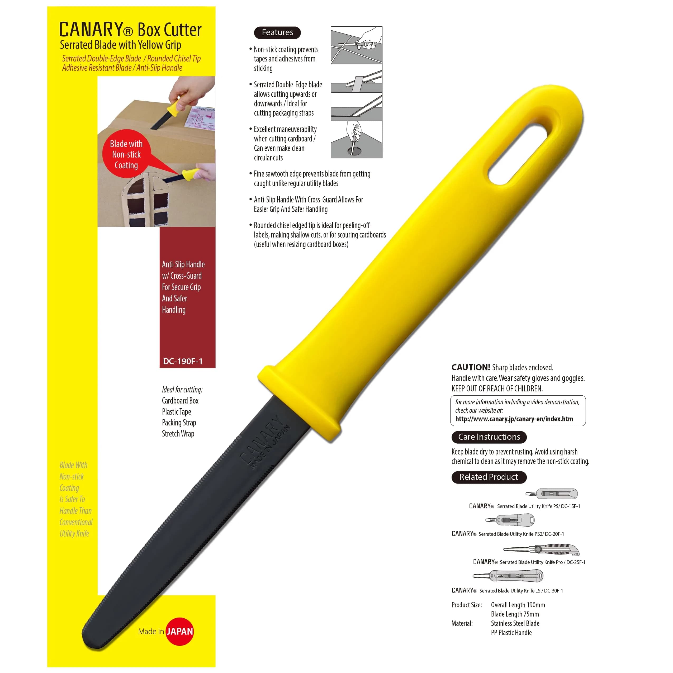 CANARY Cardboard Cutter Utility Knife 7.5" (19cm) Blade 3" (7.6cm) — Bulk 5-Pack, Yellow - view 2