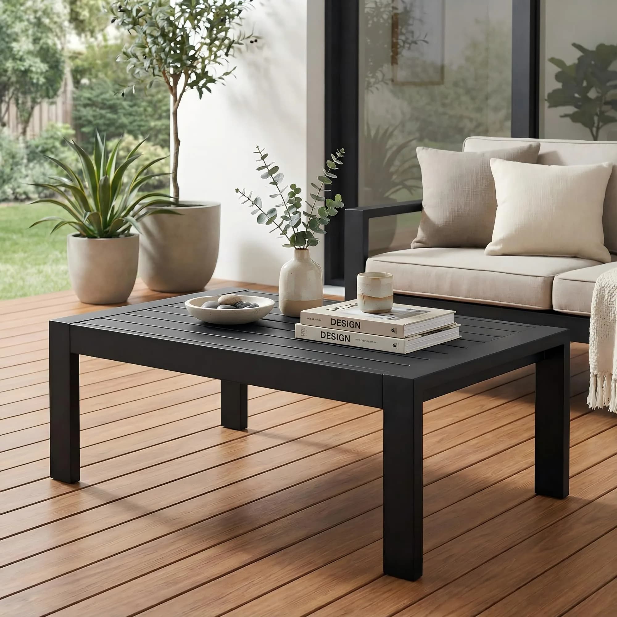 Solaste Aluminum Outdoor Coffee Table 43in x 24in x 16in | All-Weather Metal Patio Furniture — Black