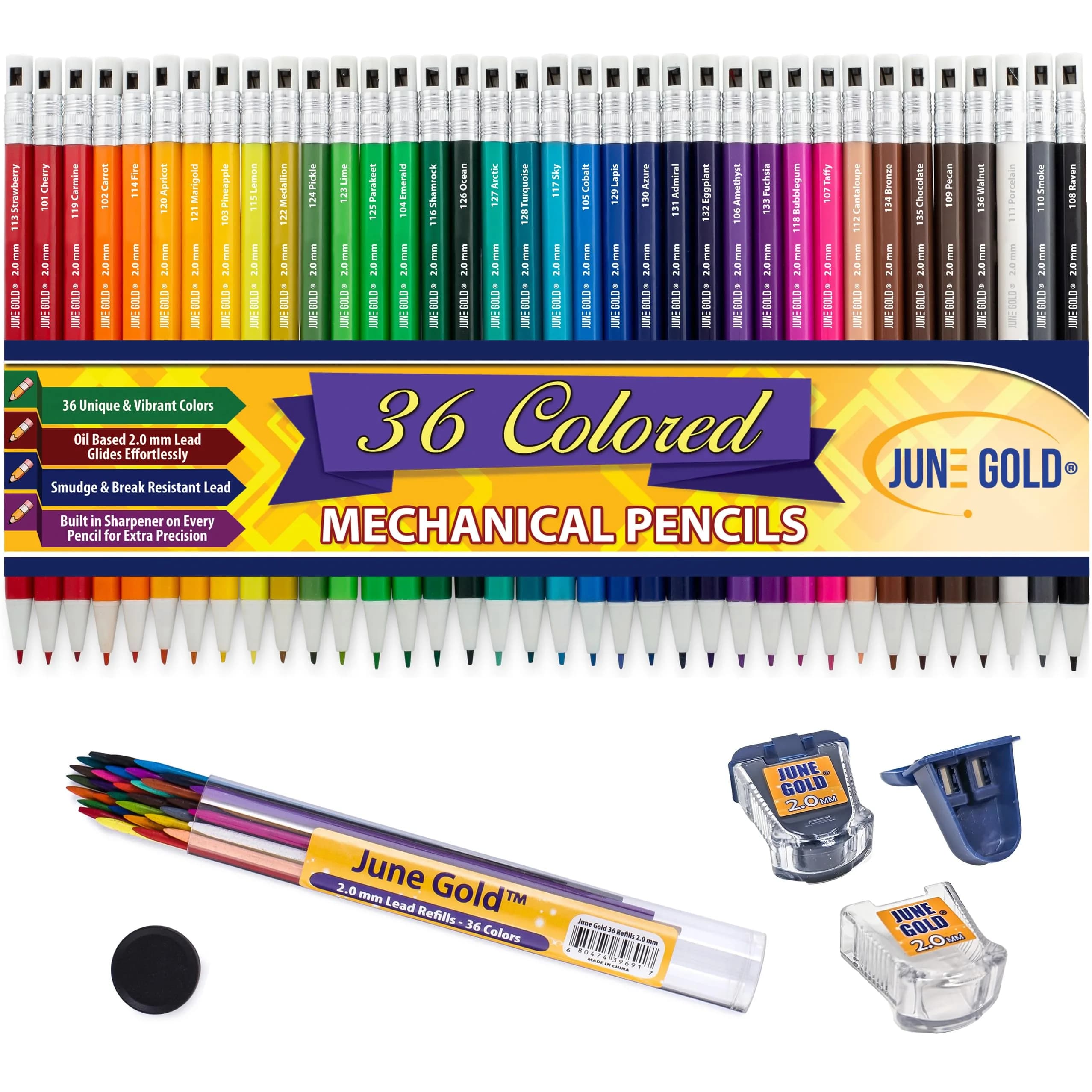 June Gold 36 Colored 2.0 mm Mechanical Pencils with Refills & Sharpeners | Creative Art & Craft Tool — 36 Unique Colors + Refills
